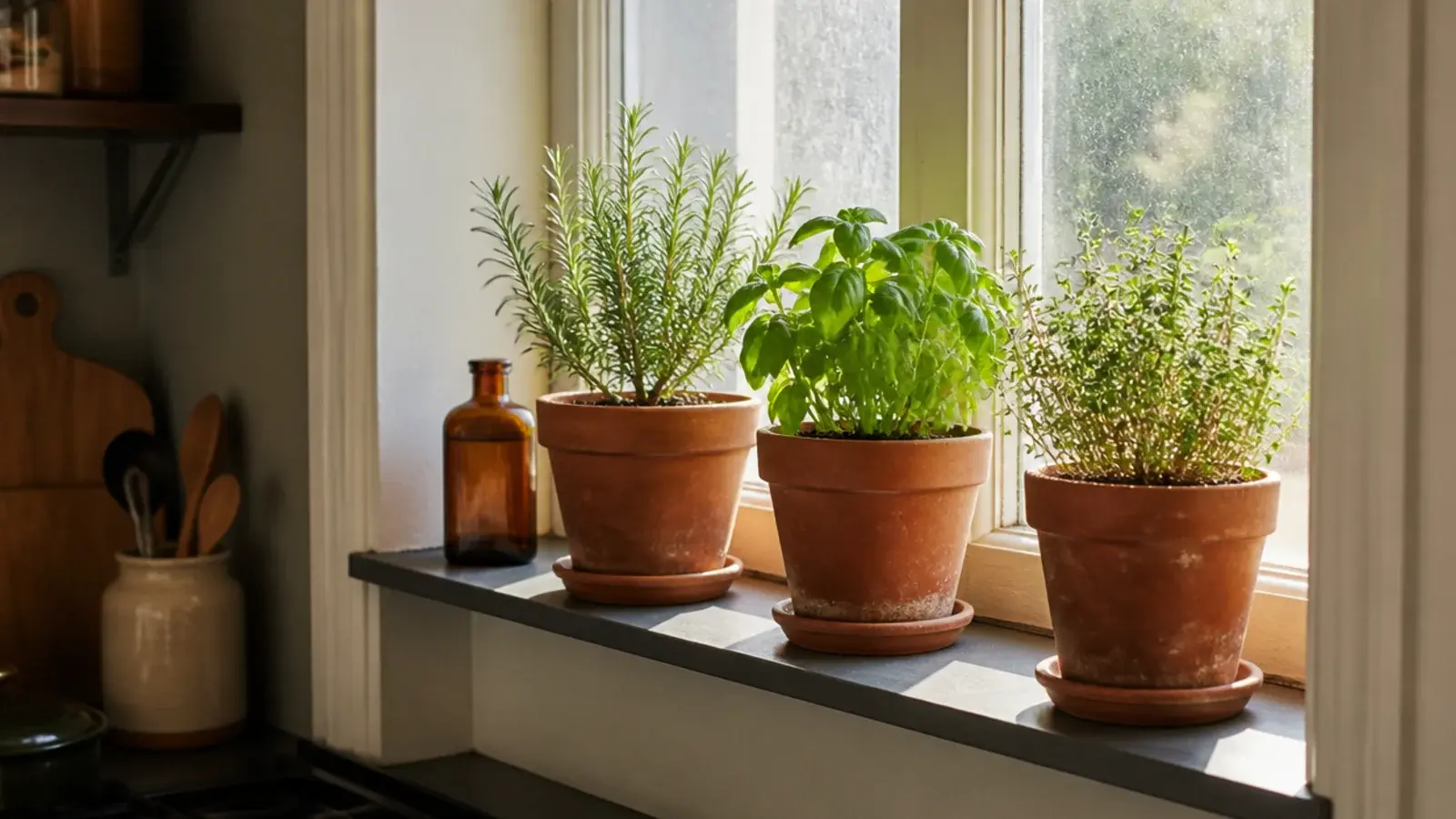 shallow shelf fitted inside a deep kitchen window reveal with herbs