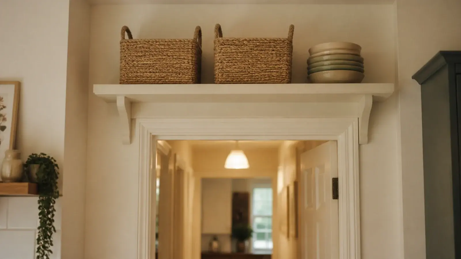 shelf mounted above a kitchen doorway holding baskets and spare bowls