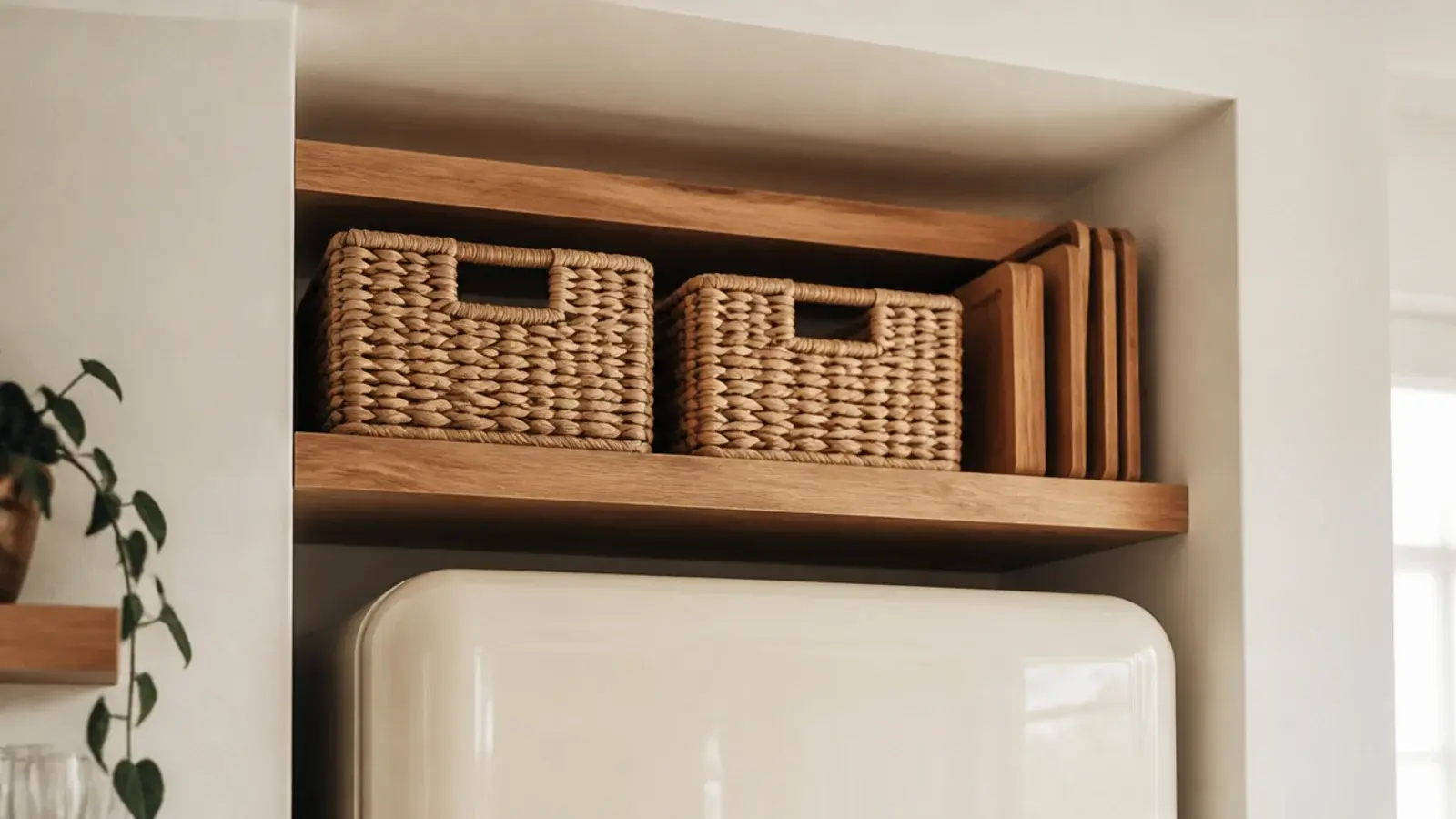 kitchen shelf fitted above a refrigerator holding baskets and trays