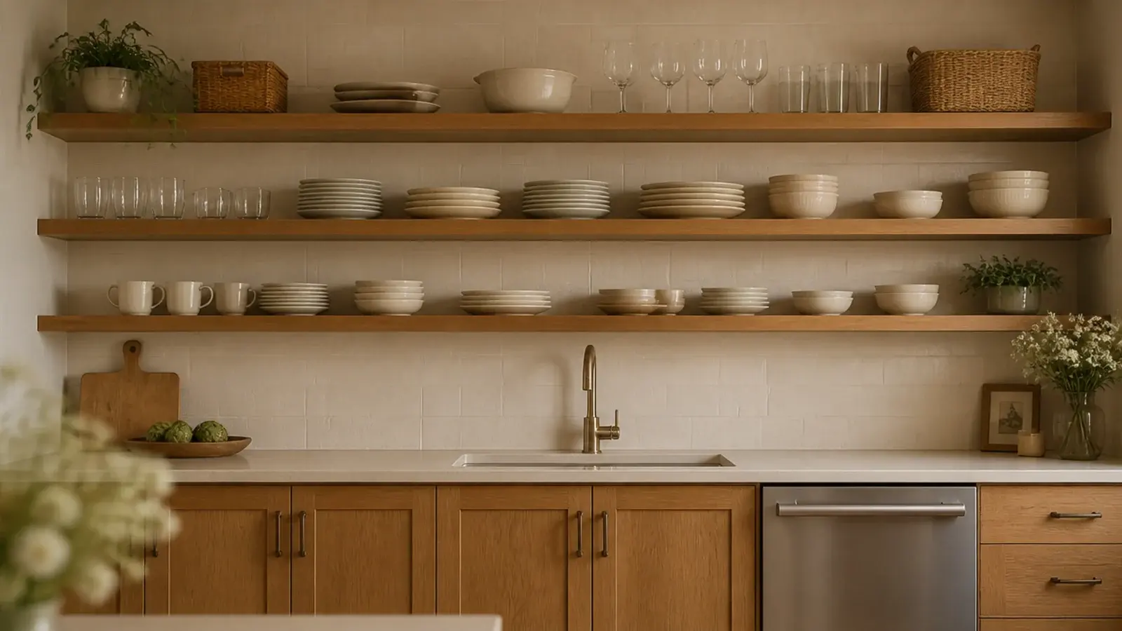 entire kitchen wall of open shelves replacing upper cabinets with dishes