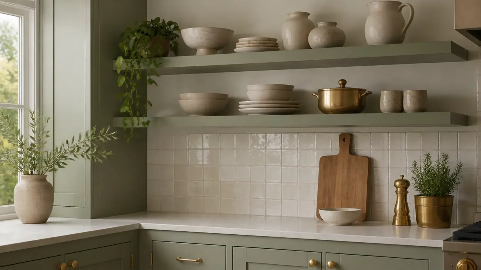 sage painted kitchen wall shelves matching the cabinet color below