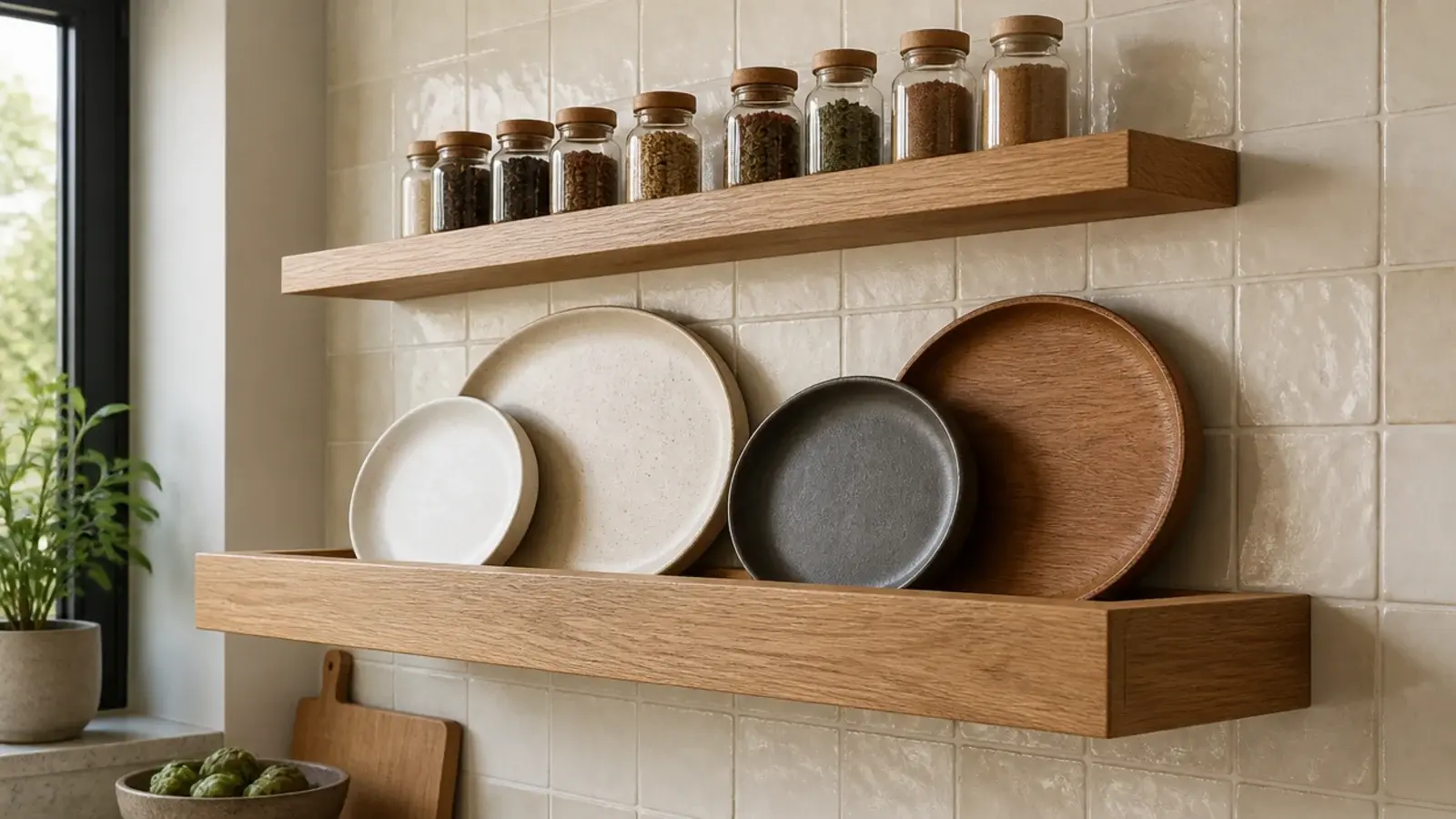 kitchen wall shelves with a deep lower shelf and shallower upper shelf