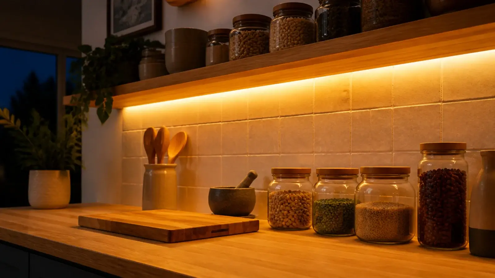 warm led strip glowing under a kitchen wall shelf lighting the counter