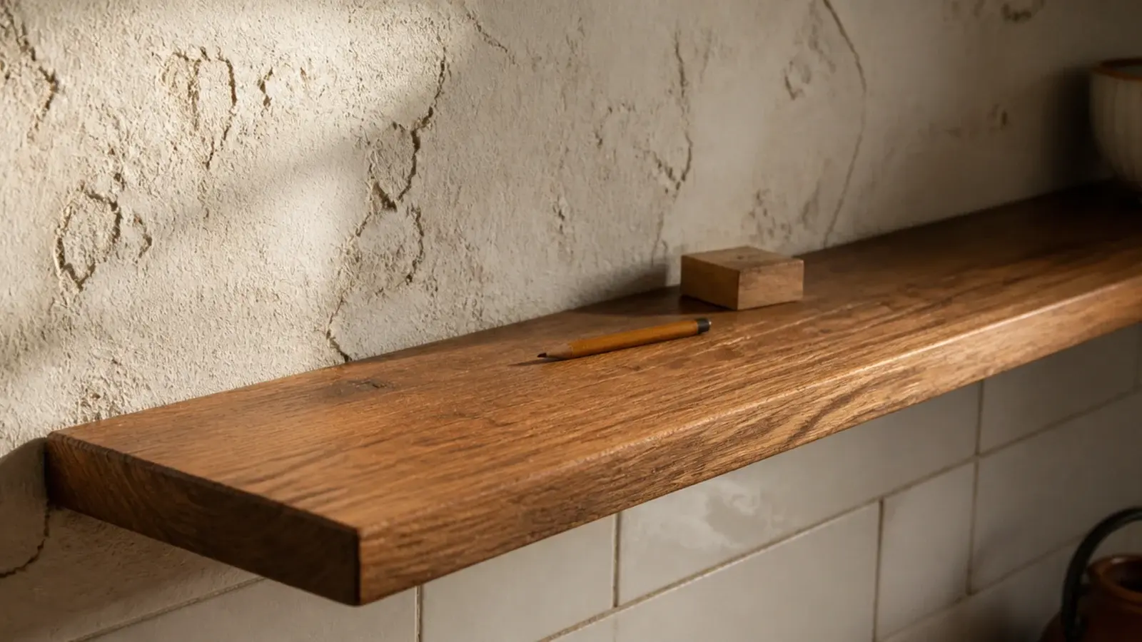 kitchen shelf scribed tight against an uneven old plaster wall