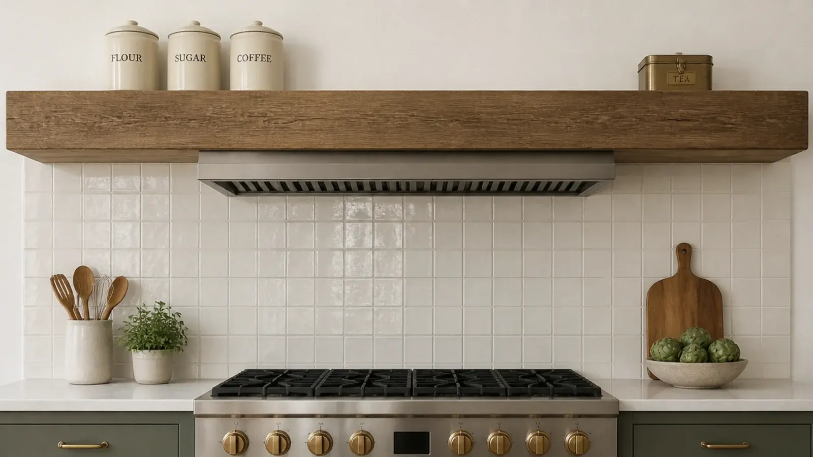 thick timber mantel shelf above a kitchen range holding ceramic canisters