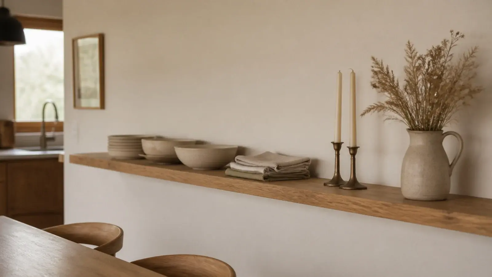 shelf on a dining wall beside a kitchen holding serving bowls and linens