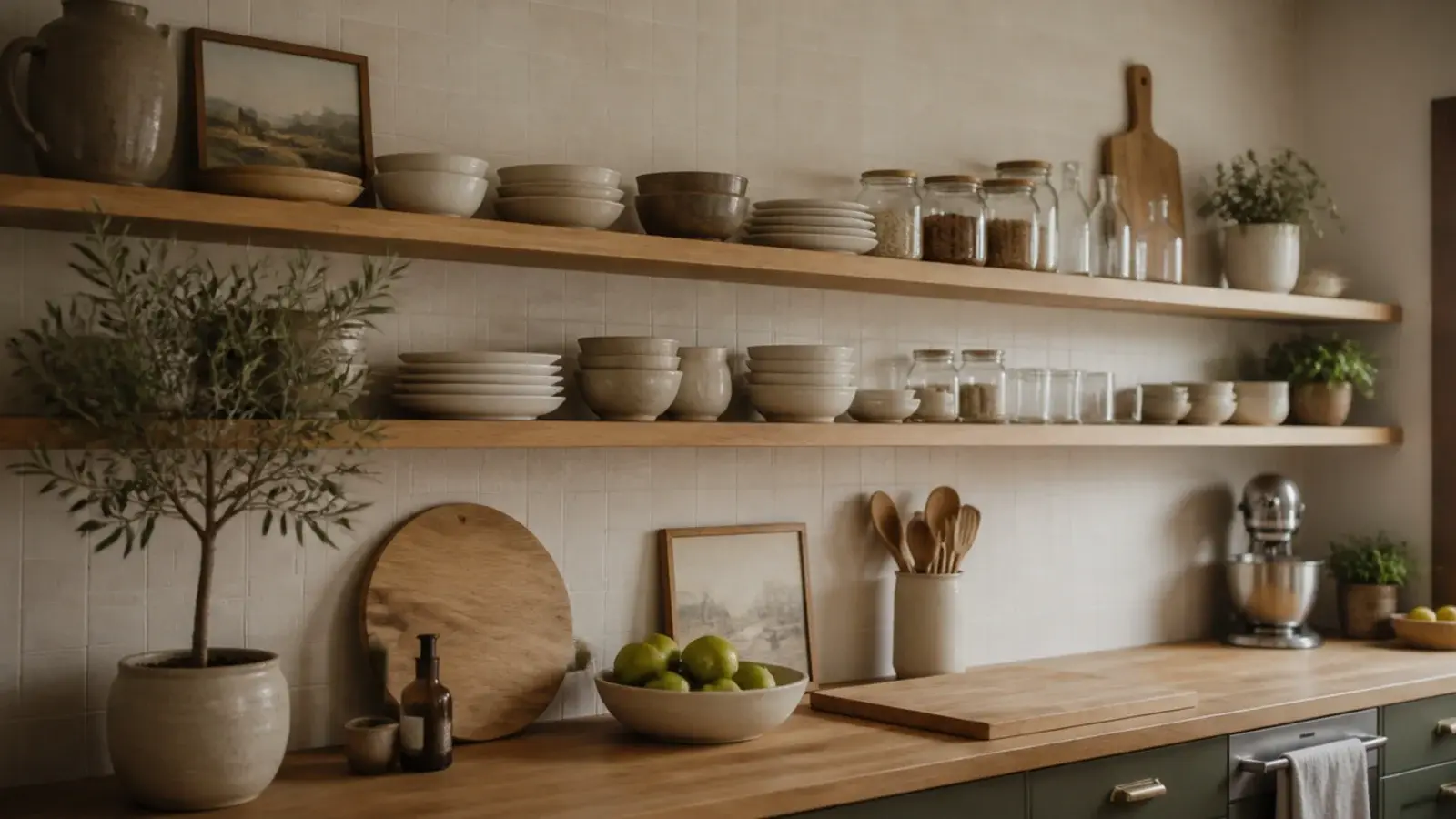 long oak kitchen wall shelves running above a counter with stoneware and jars