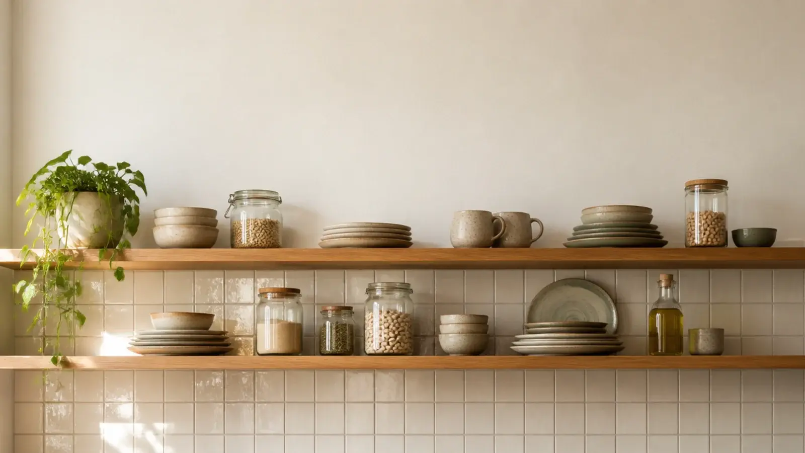 vertical image of kitchen wall shelves in warm oak above a tiled counter