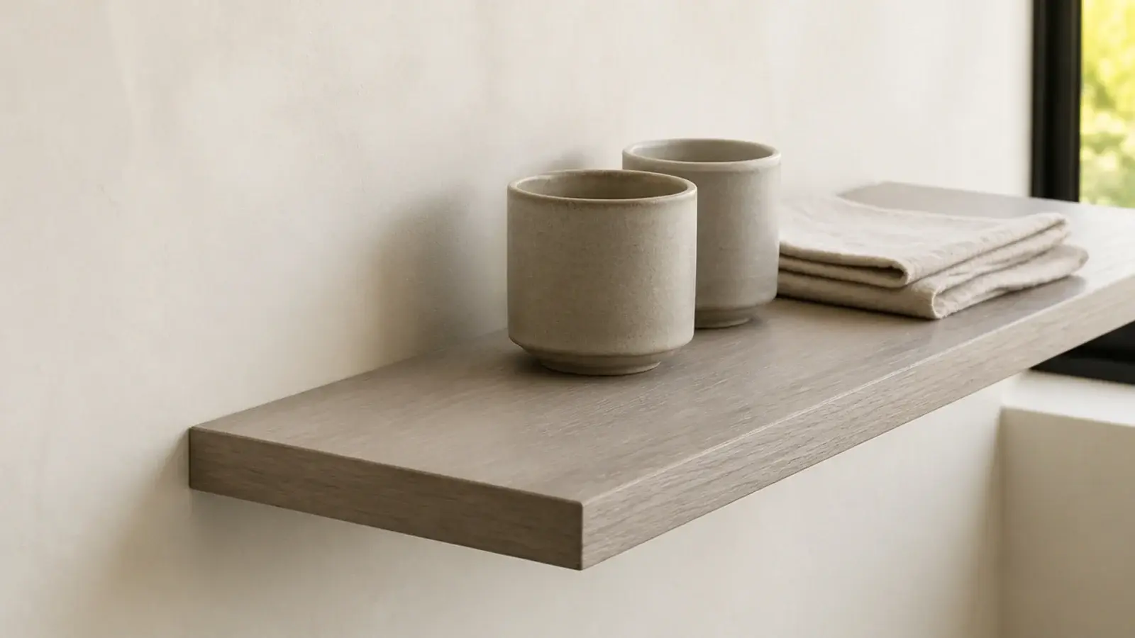 floating modern kitchen shelf with no visible fixings above a clean counter