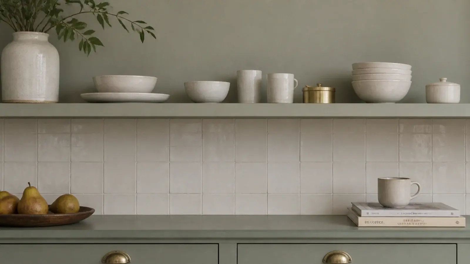 shelf painted the same muted sage as the modern kitchen cabinets below