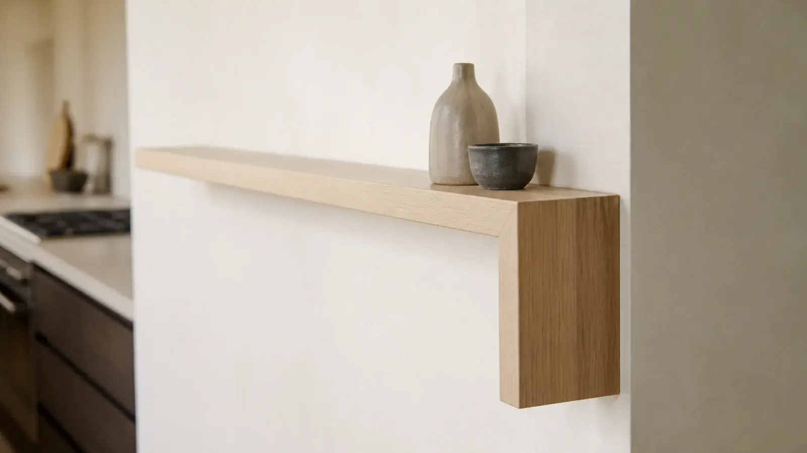 modern kitchen shelf turning a corner and returning vertically down the wall
