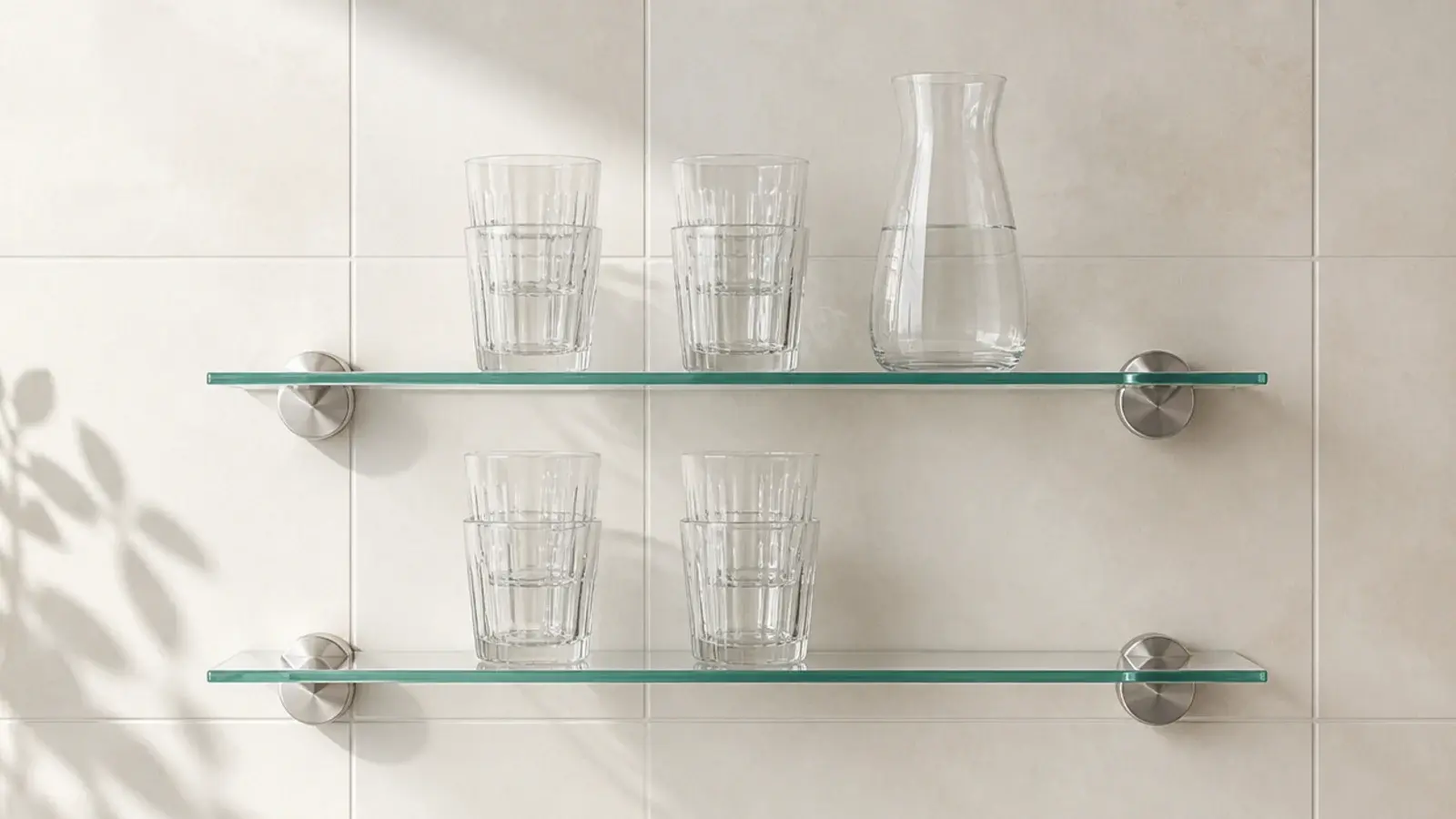 clear glass kitchen shelves on nickel standoffs in front of pale tile
