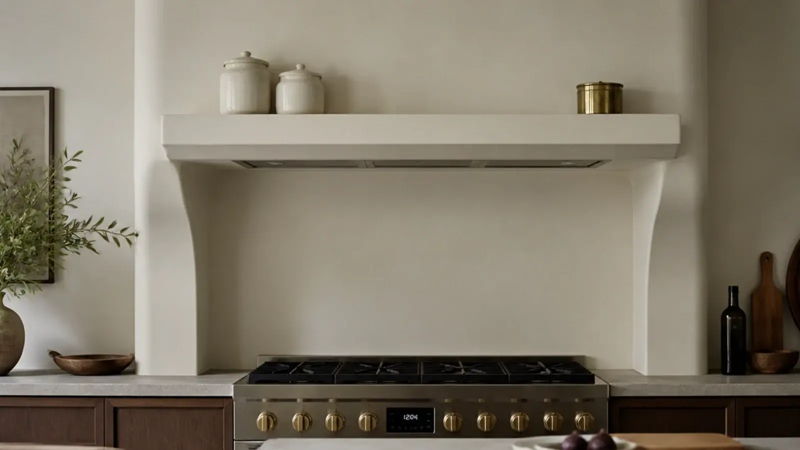shelf built into a plaster hood surround above a modern kitchen range