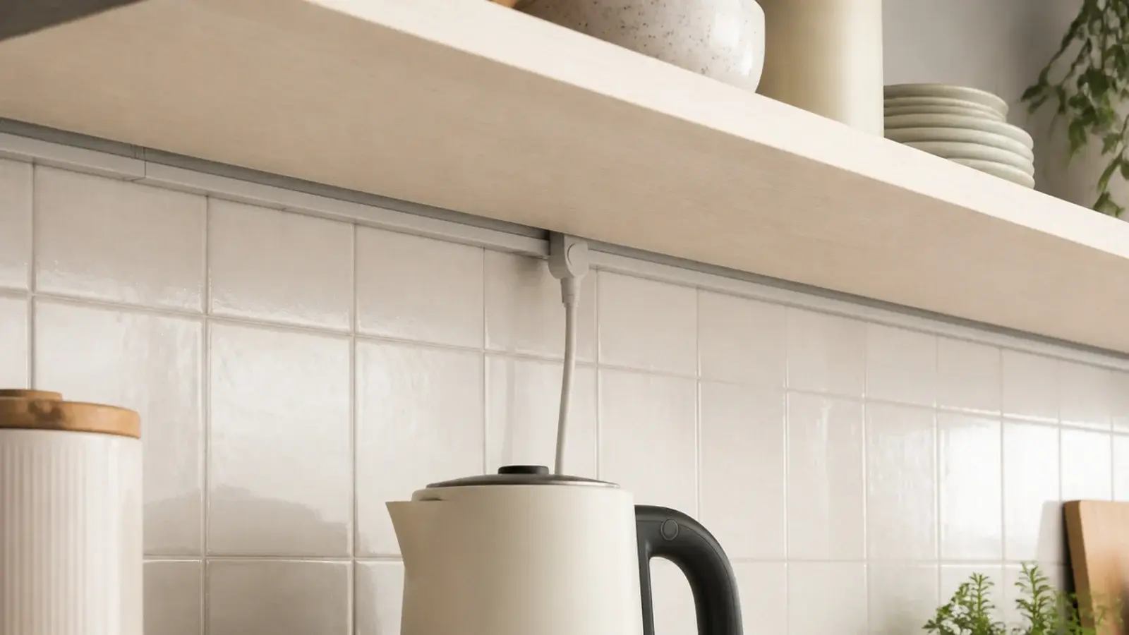 modern kitchen shelf concealing a power strip along its underside