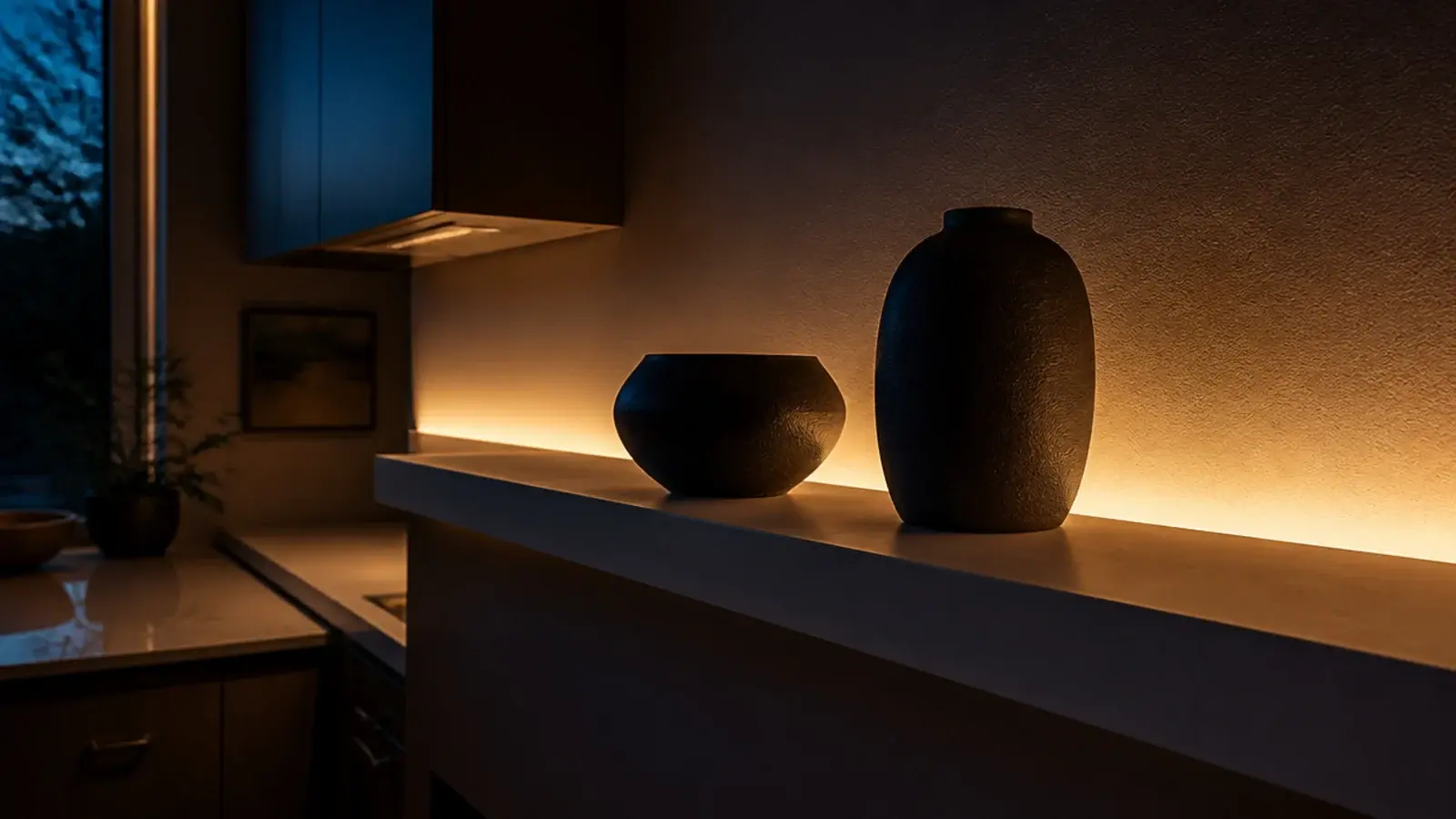 glowing reveal gap between a modern kitchen shelf and the wall behind