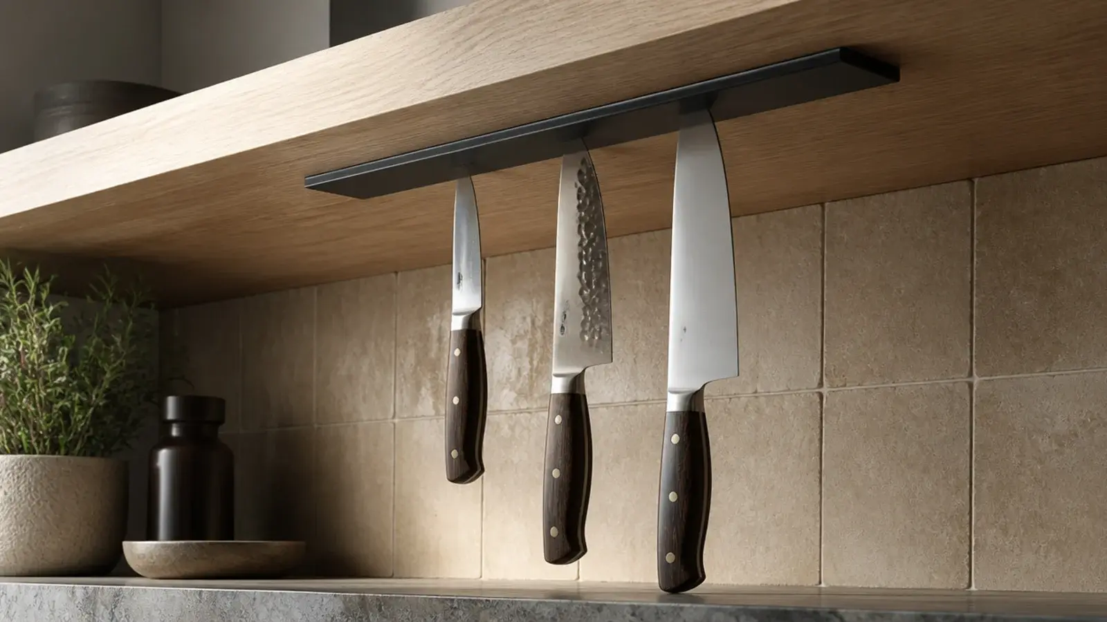 knives held on a magnetic strip under a modern kitchen shelf