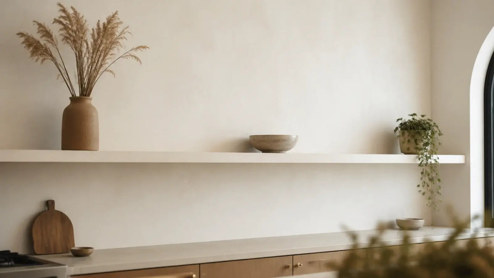 long modern kitchen shelf holding only three carefully chosen objects