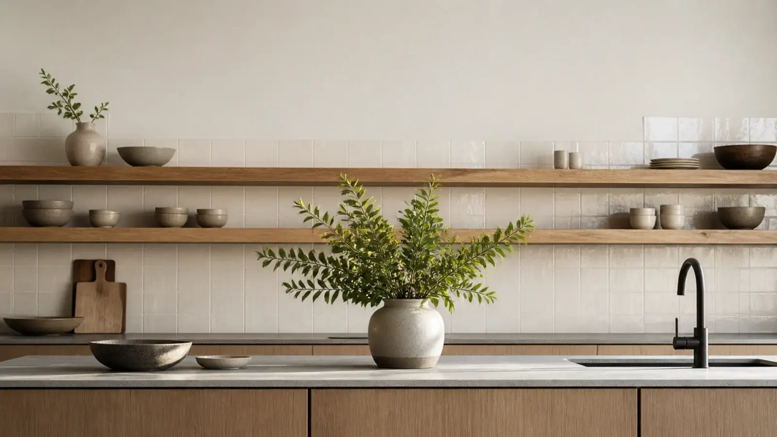 vertical modern kitchen shelves image with pale oak slabs and stoneware