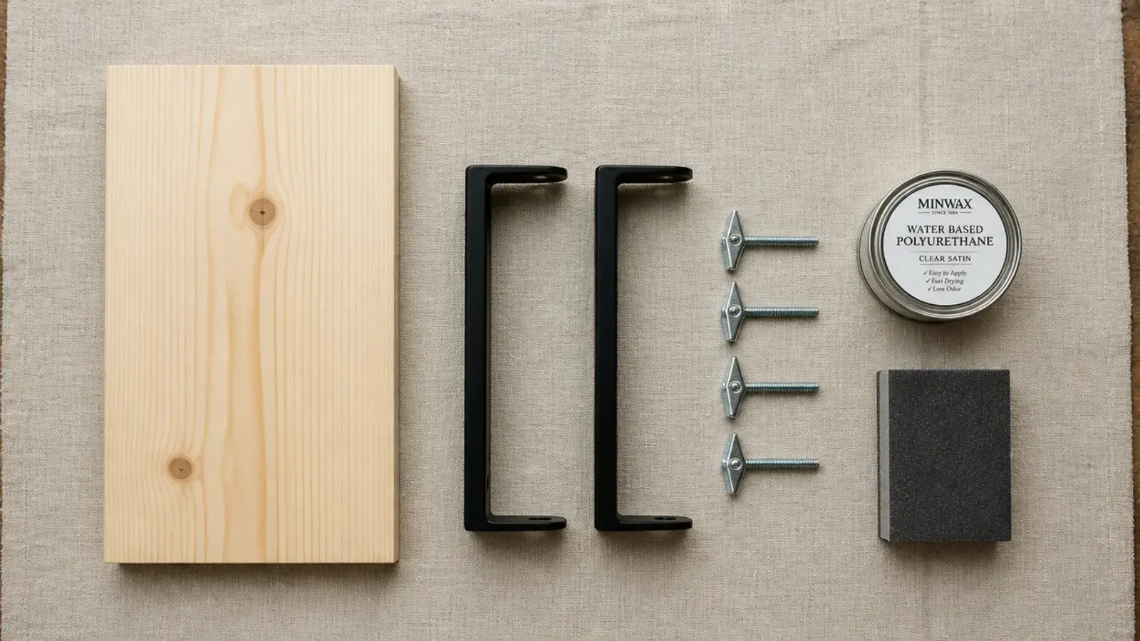 pine board brackets and toggle bolts laid out for cheap kitchen shelves