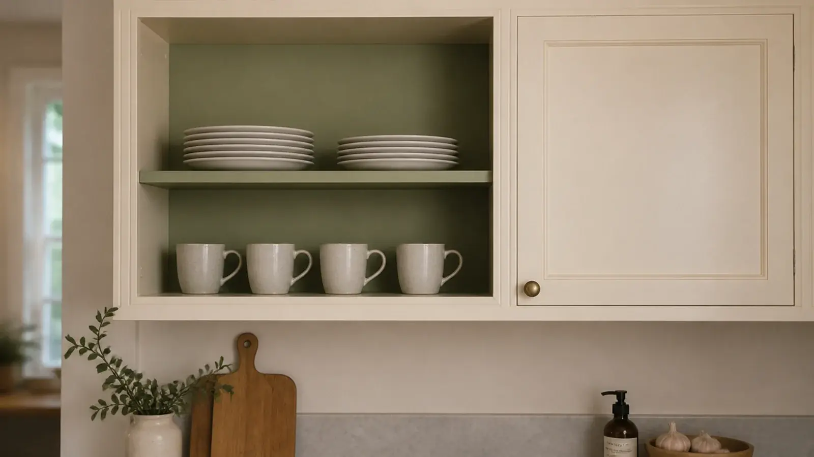 kitchen wall cabinet with the door removed showing open shelves inside