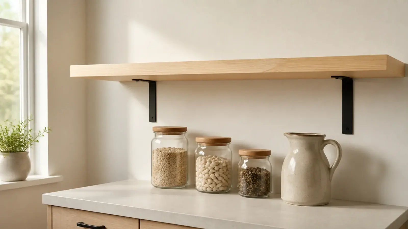 single pine kitchen shelf on two black brackets above a small counter