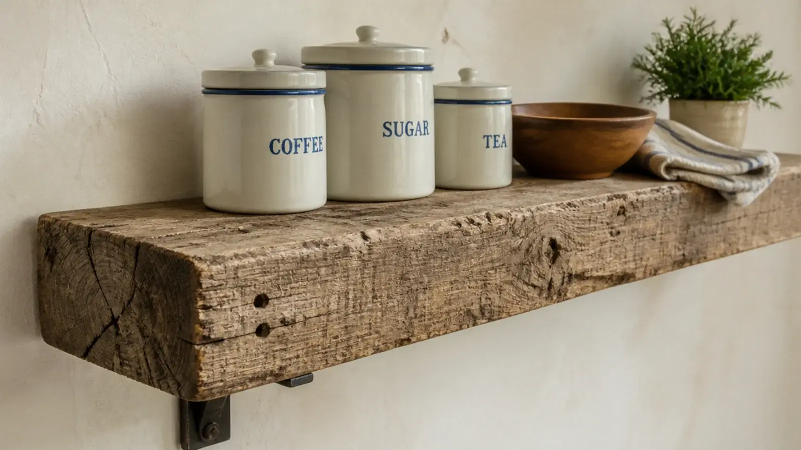 thick scaffold board kitchen shelf holding tins and a wooden bowl