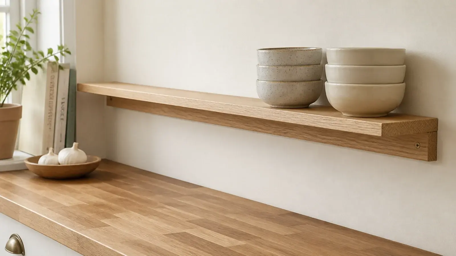 kitchen shelf sitting on a slim timber cleat rail with no visible brackets