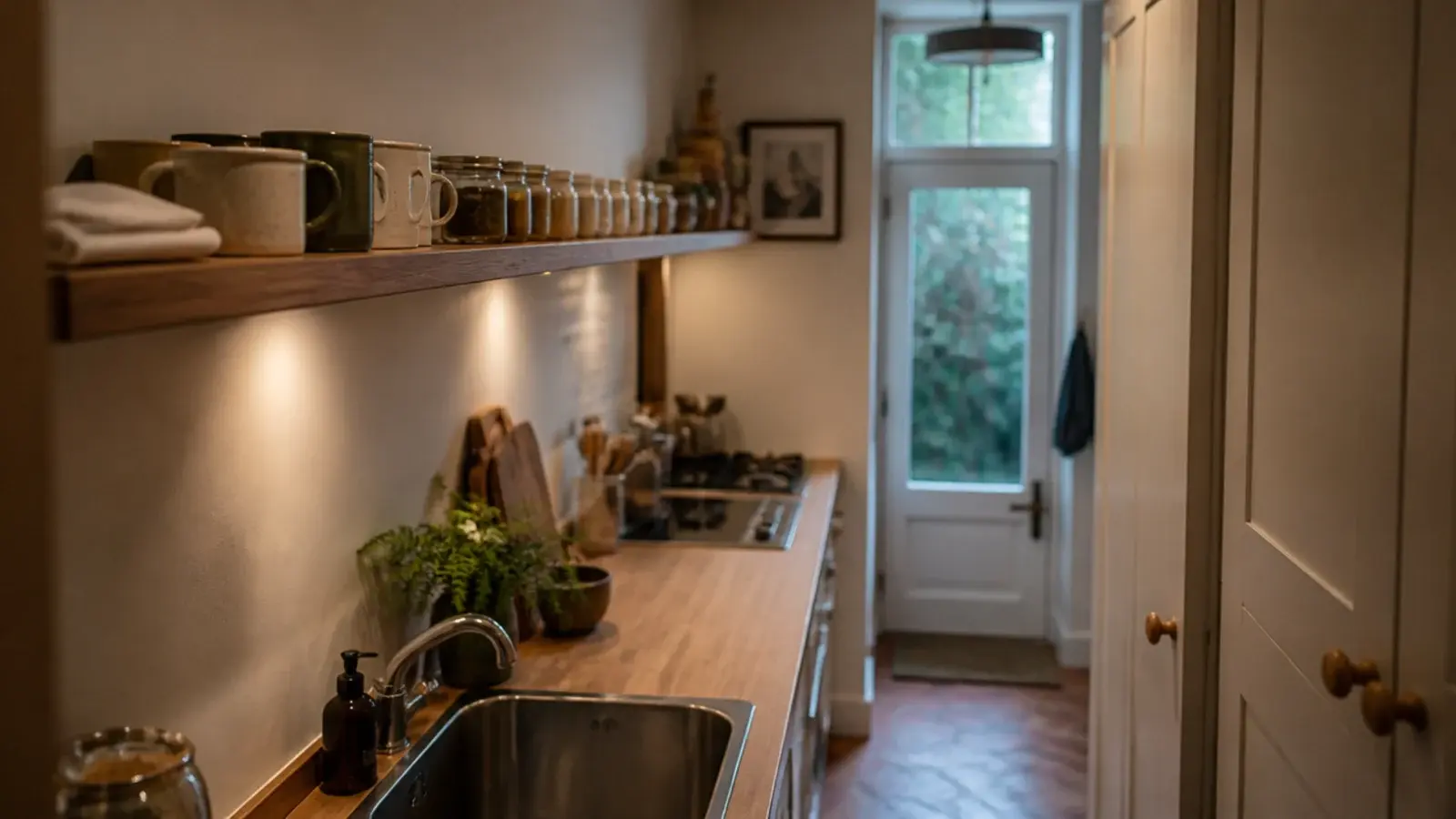 narrow six inch open kitchen shelf running along a tight galley wall