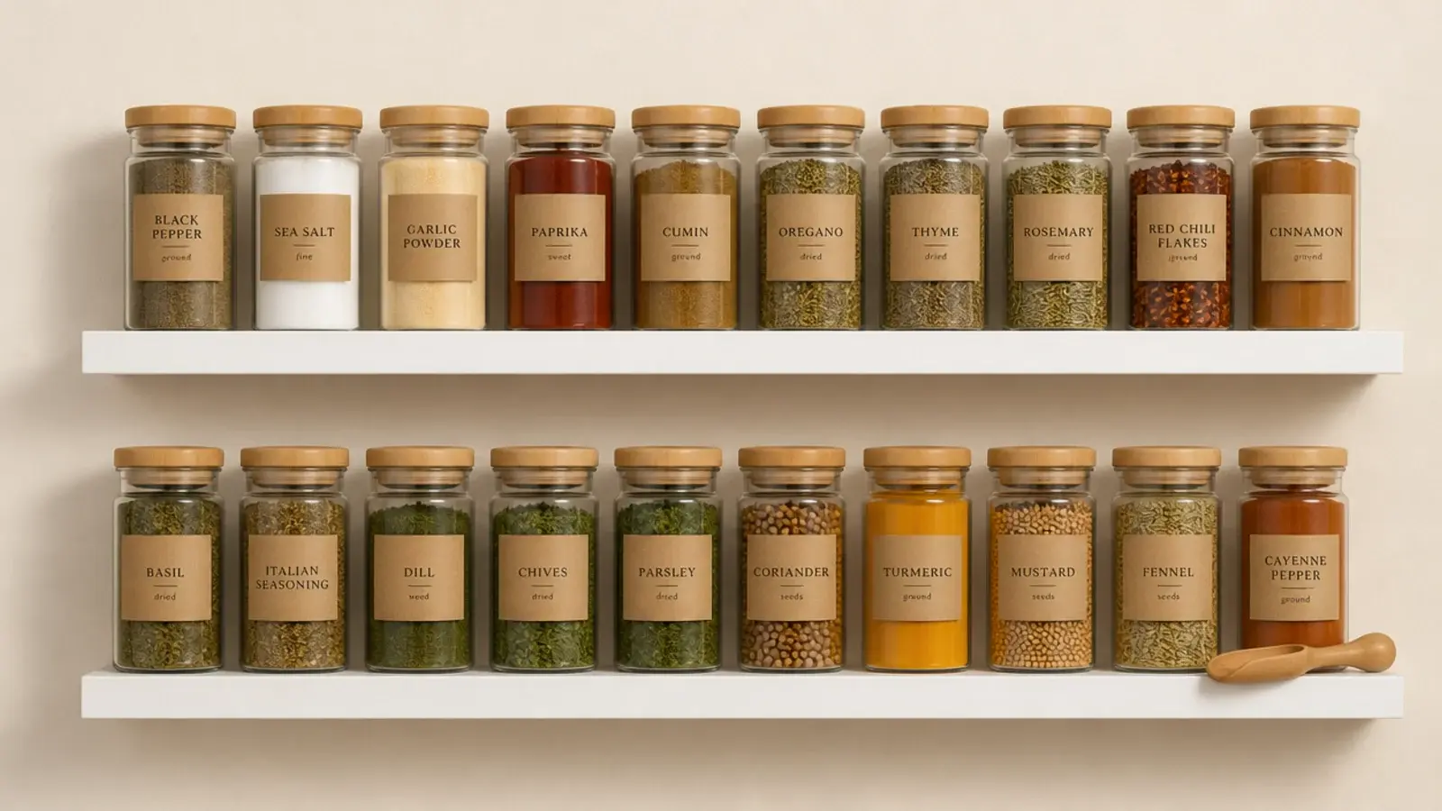 two slim picture ledges holding rows of spice jars on a kitchen wall
