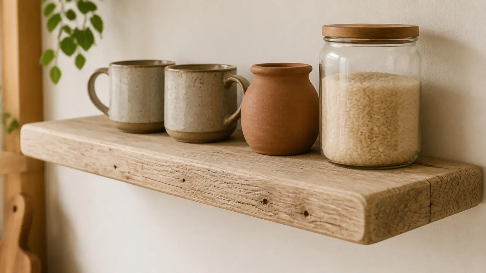 pale reclaimed pallet wood shelf holding stoneware in a small kitchen