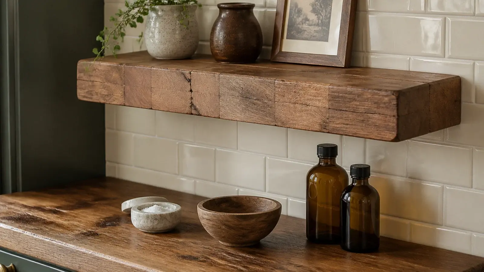 thick butcher block offcut used as an open shelf above a kitchen counter