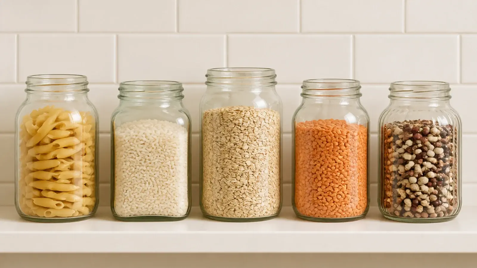 mixed recycled glass jars of dry goods lined up on an open kitchen shelf