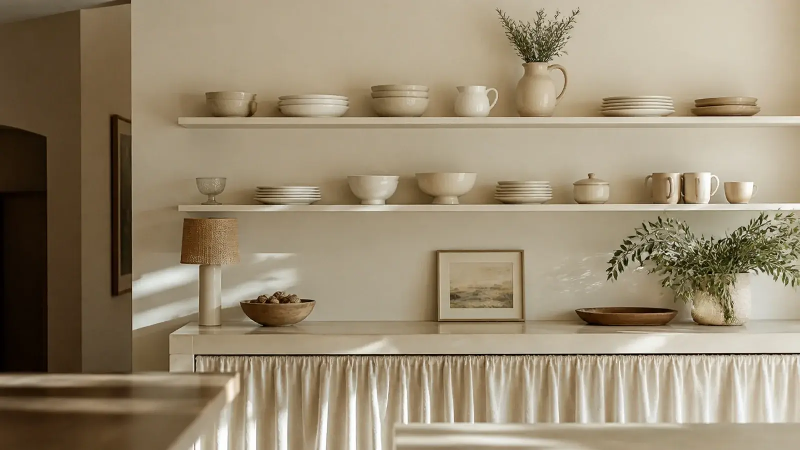 painted open kitchen shelves matching the wall color holding white china