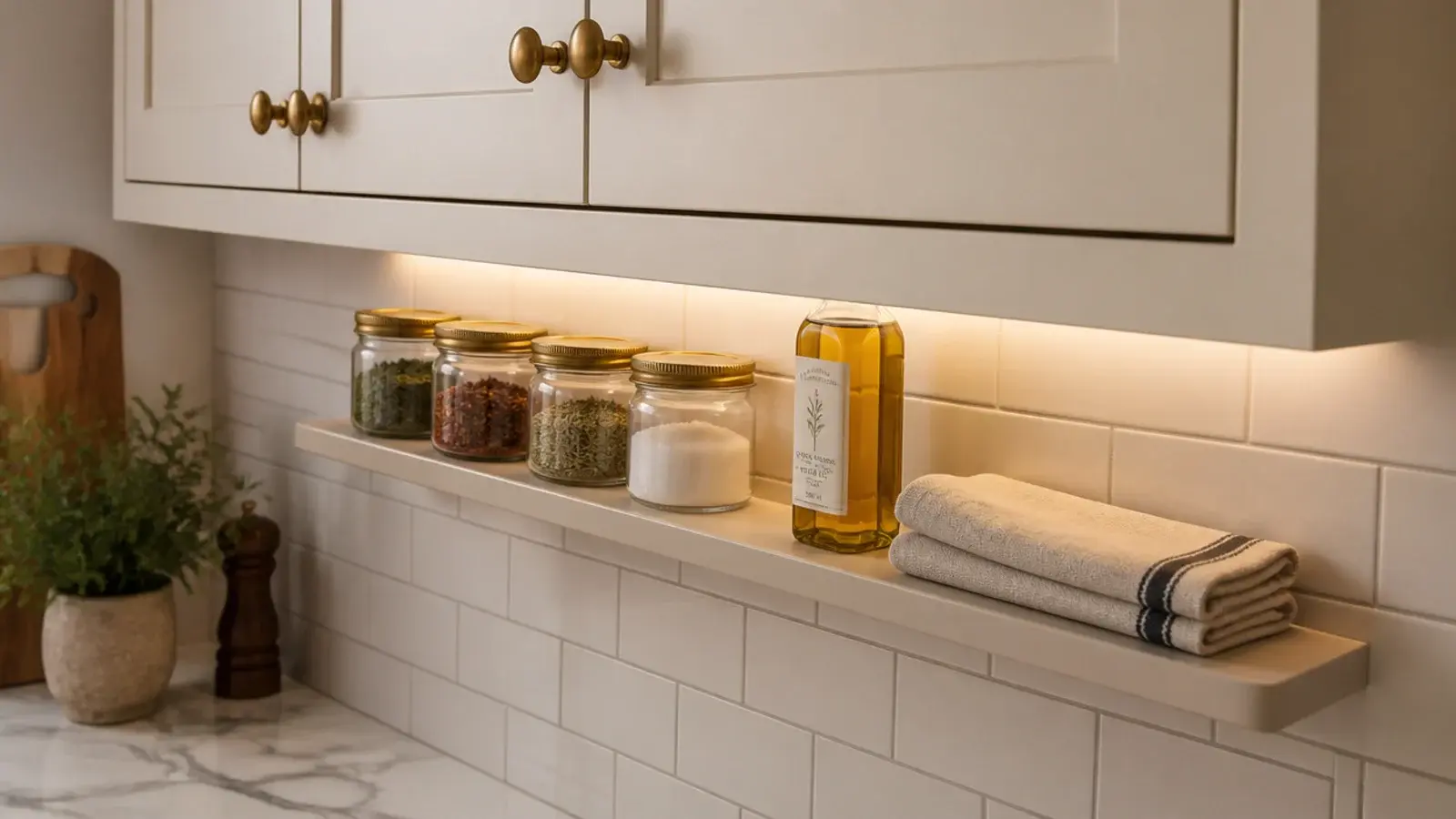 slim shelf fixed beneath kitchen wall cabinets holding daily jars