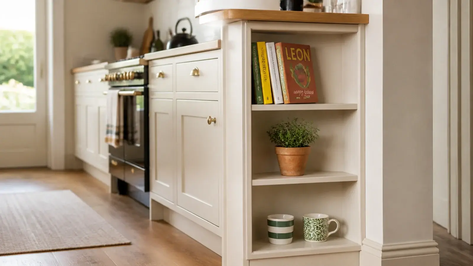 small shelves fitted to the exposed end panel of a kitchen cabinet run