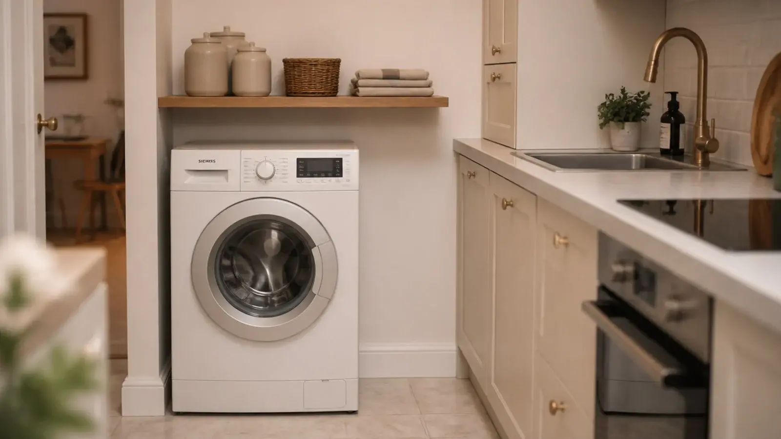 open shelf mounted above a washing machine in a small apartment kitchen