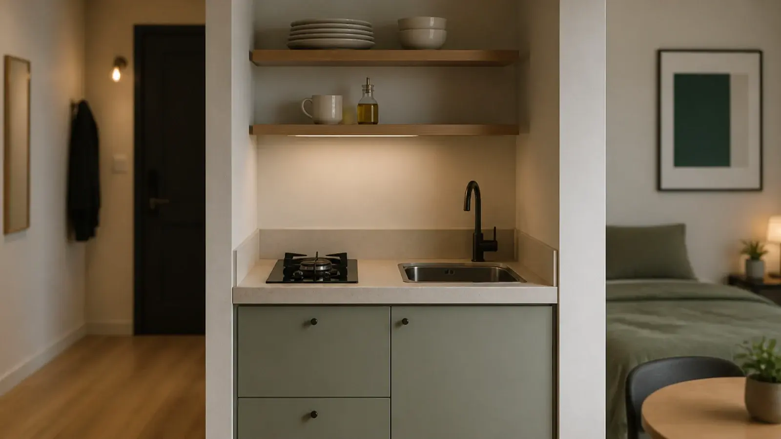 pair of small open shelves above a studio apartment kitchenette counter