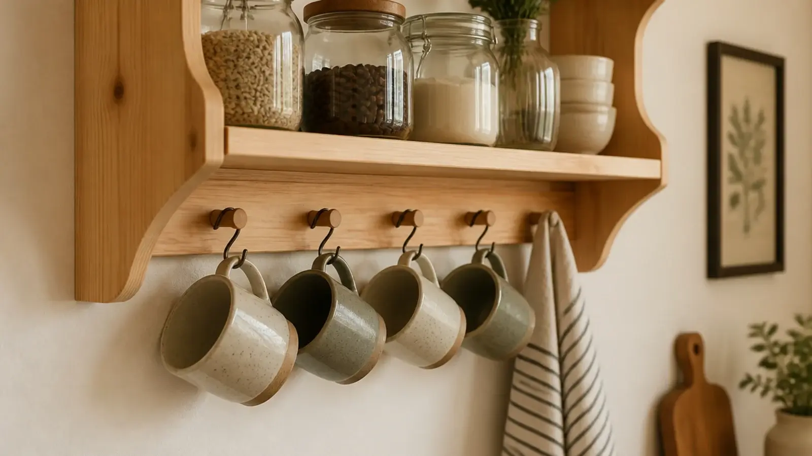 kitchen shelf with a wooden hook strip beneath holding mugs and a cloth