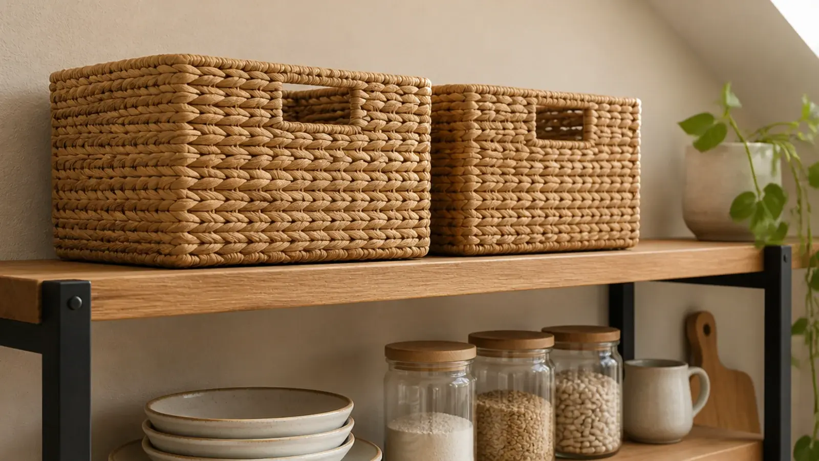 woven baskets lined up on the top shelf of open kitchen shelving