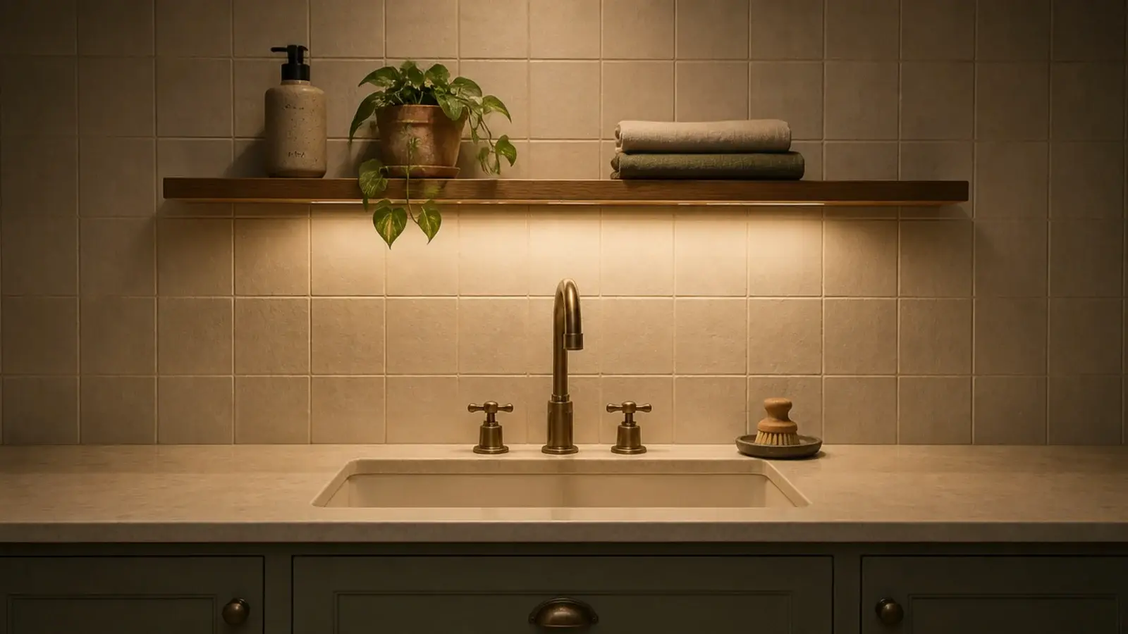 open shelf above a kitchen sink with no window holding a plant and cloths