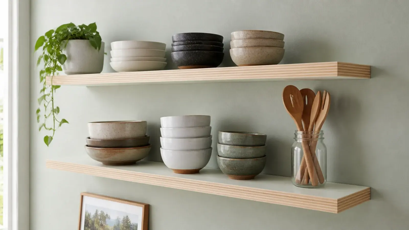painted plywood open kitchen shelves with a visible layered front edge