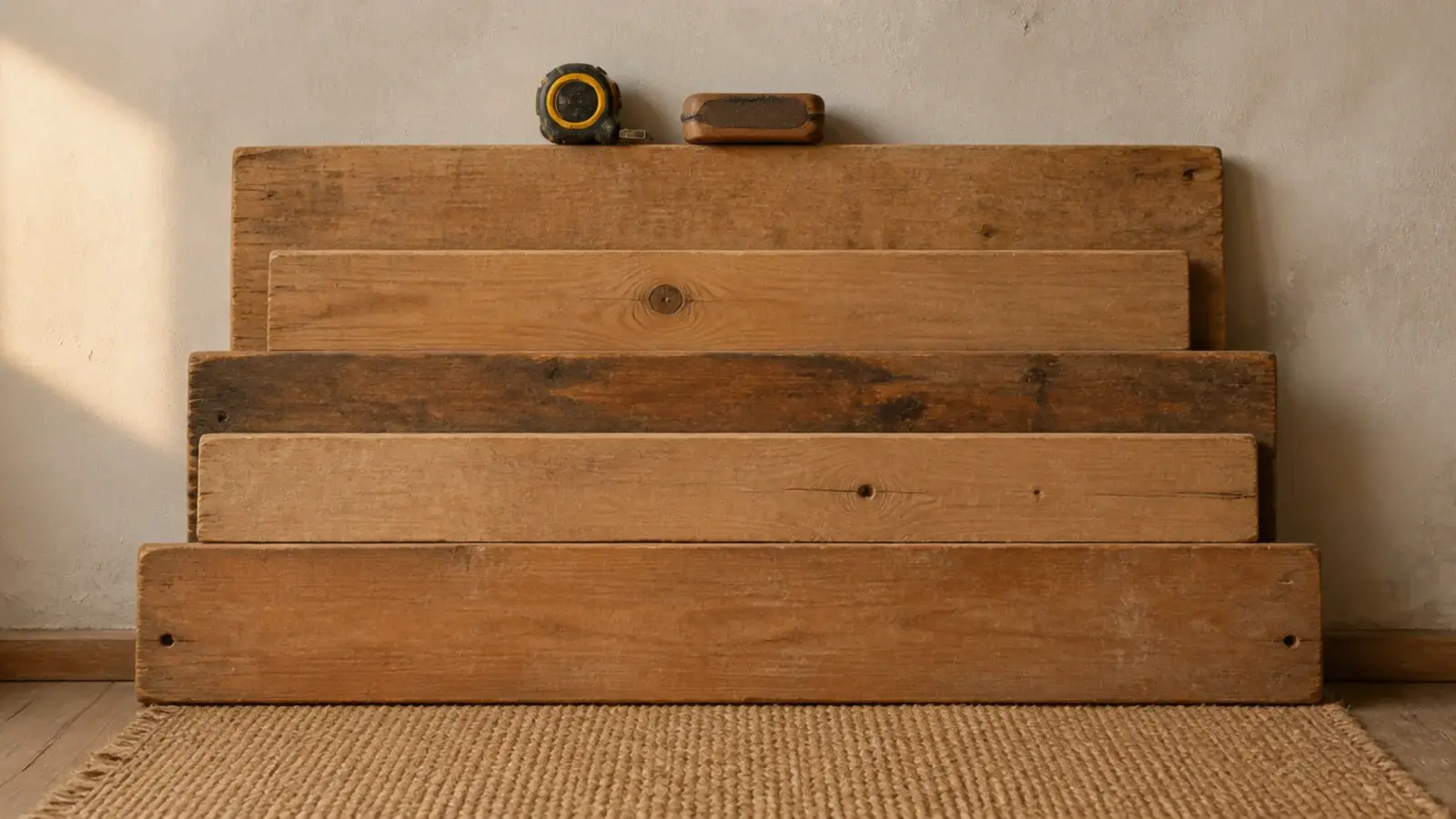 second hand solid wood shelf boards stacked at a salvage yard for a kitchen