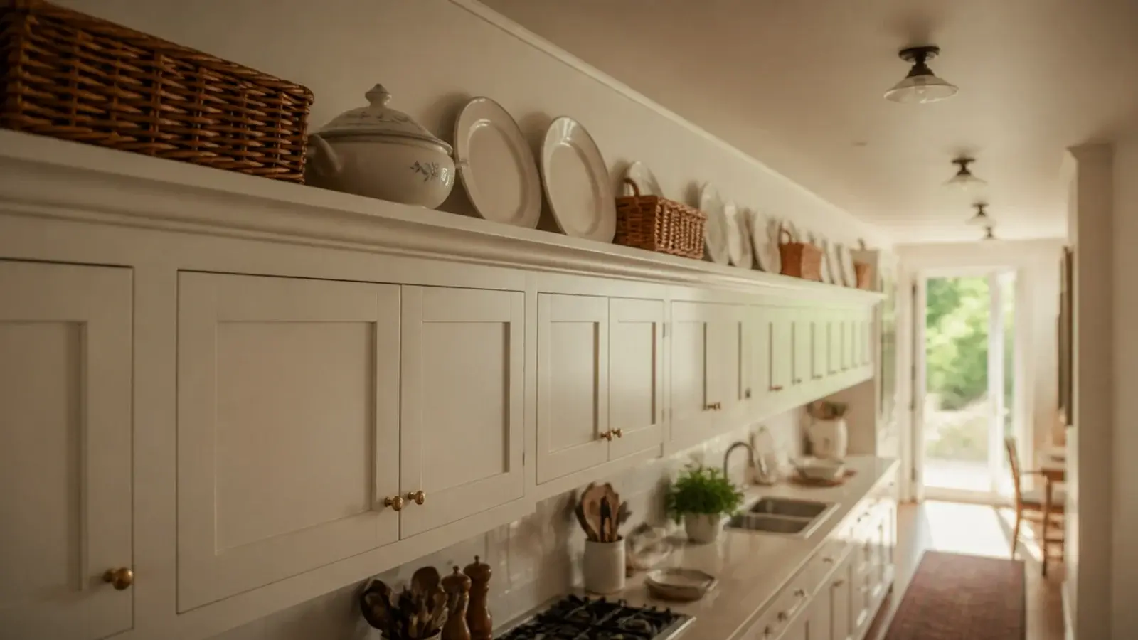high shelf running the length of a galley kitchen above the cabinet line