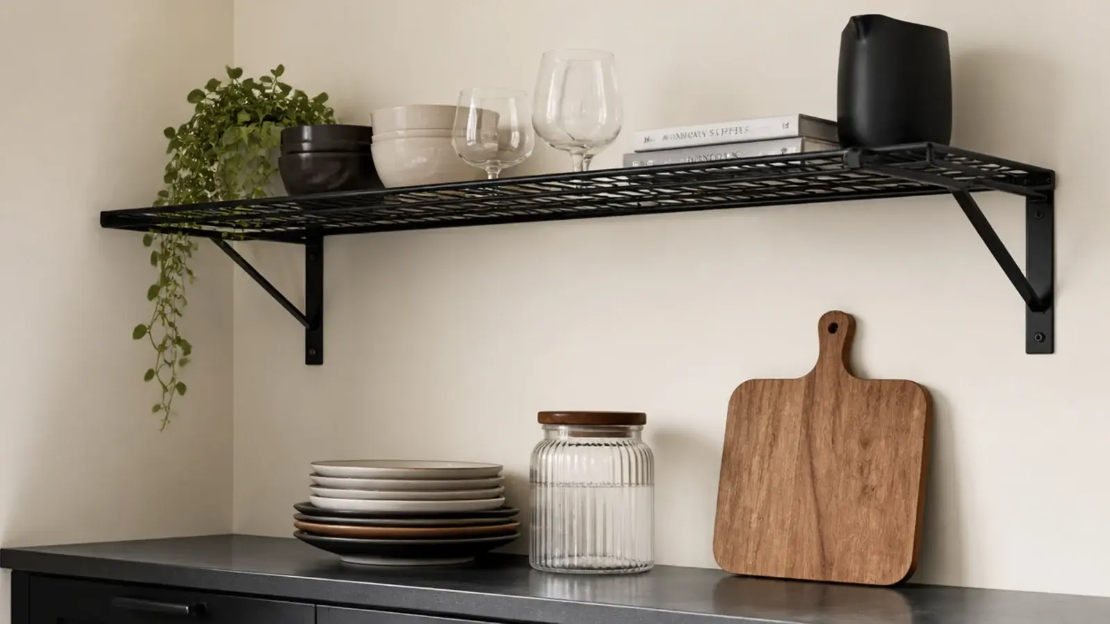 budget wire kitchen shelving sprayed matte black holding plates and jars