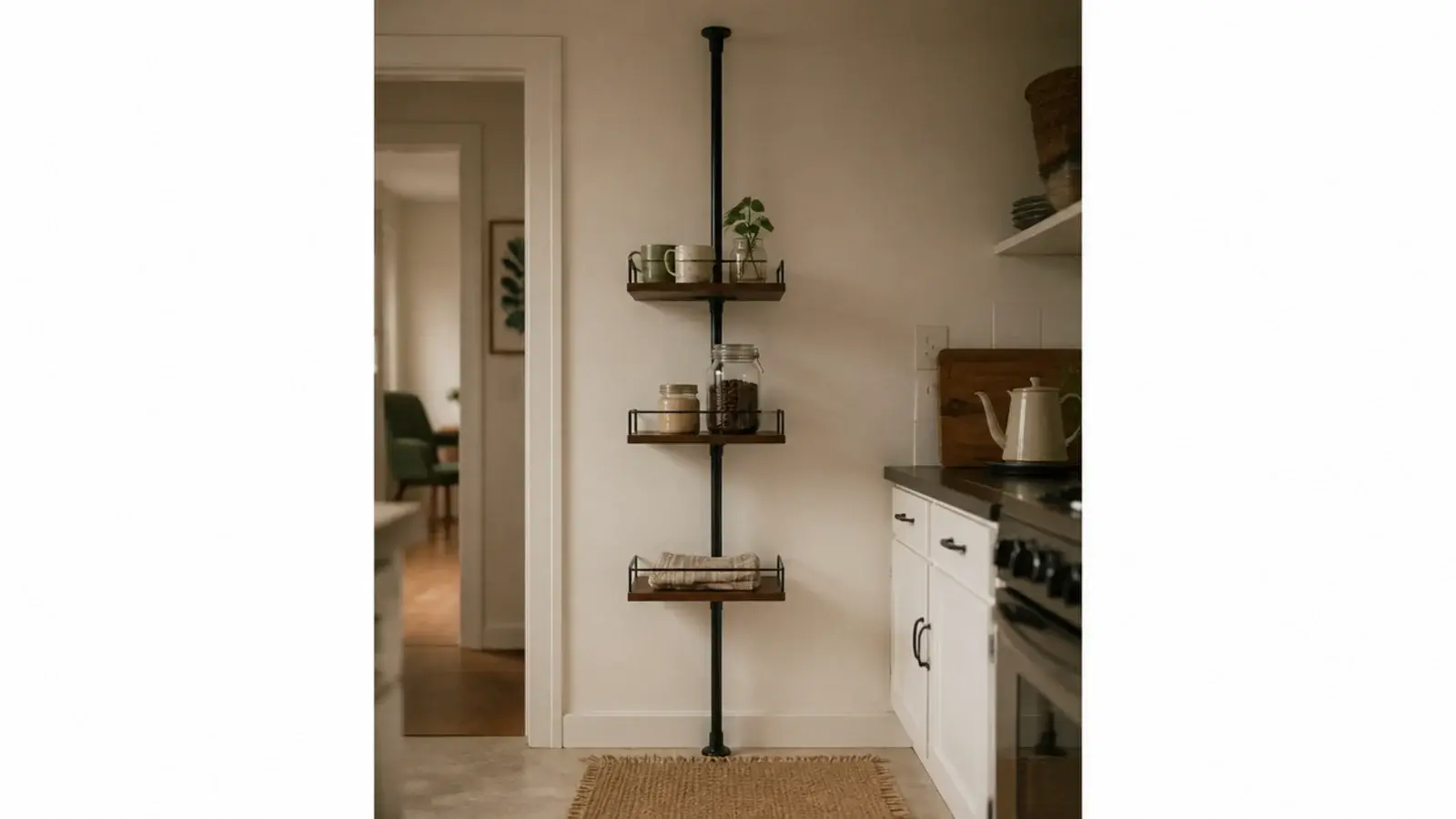 floor to ceiling tension pole shelf unit in a rented kitchen corner