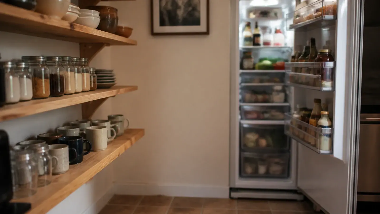 open kitchen shelf ending short of a refrigerator door swing line