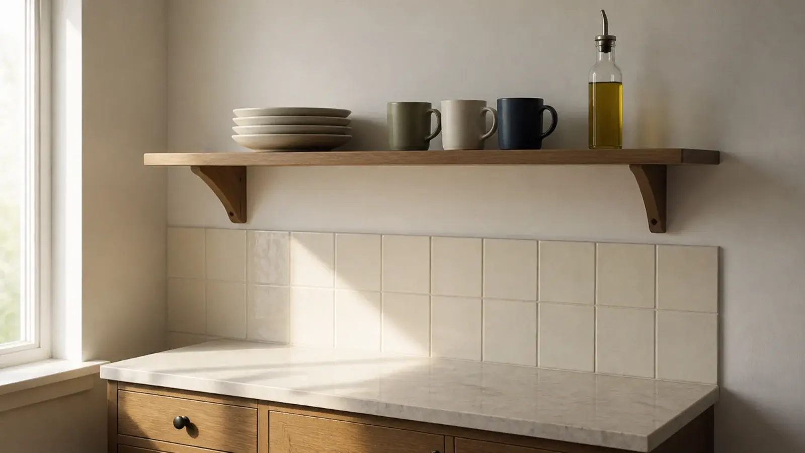single trial open kitchen shelf holding only everyday plates and mugs