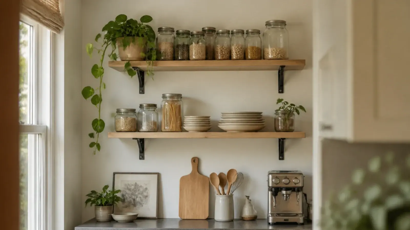 budget open kitchen shelves in pine holding jars and plates in a small kitchen