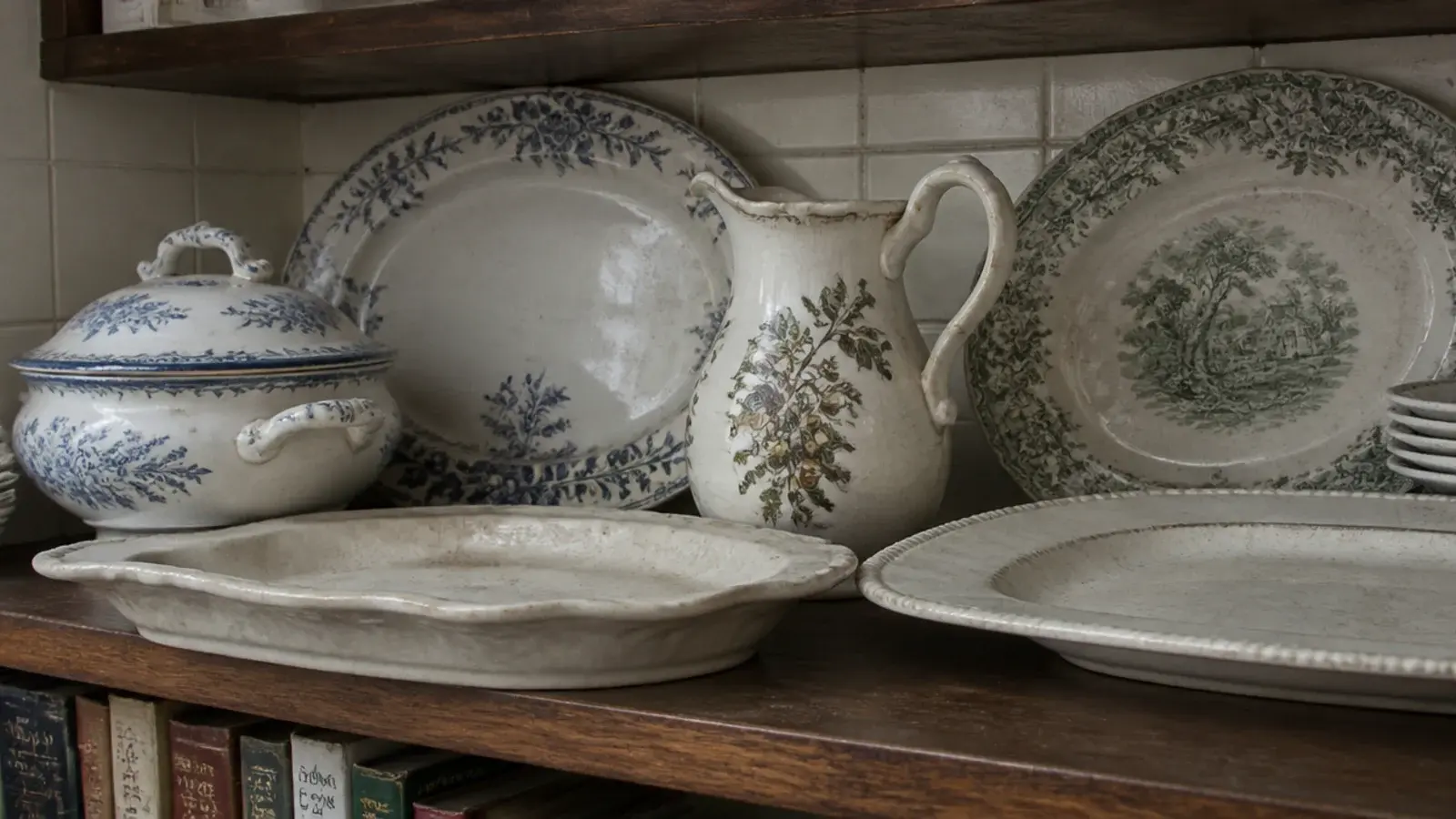 dusty seldom used serving dishes crowding an open kitchen shelf