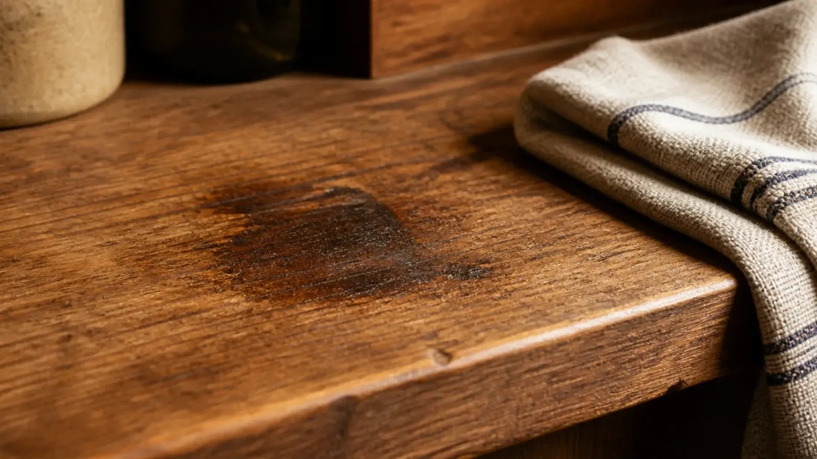 waxed kitchen shelf surface showing a dull greasy patch near the stove